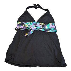 Anne  Cole Swimsuit Dress Black Floral V Neck with Tie Back and Tie Waist Belt